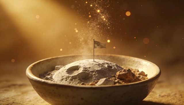Miniature moon landing in speckled ceramic bowl with flag, golden dust, warm amber glow