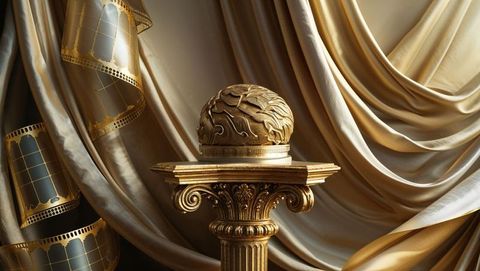 Opulent Corinthian Pedestal Holds Ornate Sphere with Dazzling Satin Drapes