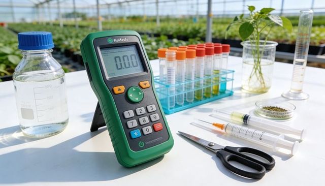 Green digital meter measuring moisture in greenhouse with test tubes and plant cutting