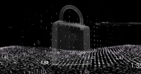 Floating wireframe padlock in digital cyberspace landscape