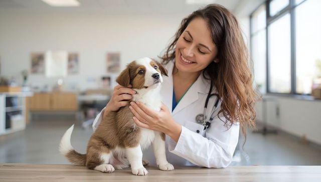 Vet Examining Playful Puppy in Bright Clinic