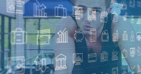 Young Man Cycling on Stationary Bike with Floating Finance Icons for Fitness Technology