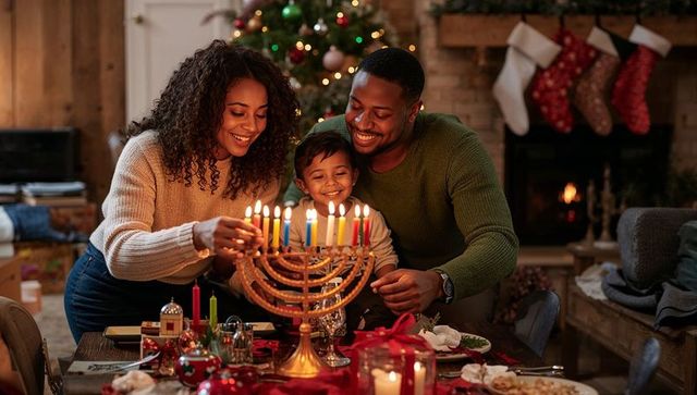 Family lighting menorah at cozy holiday dinner with smiling child and candles glowing