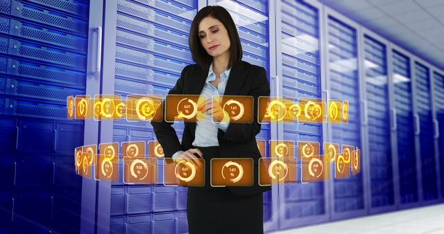 Businesswoman Interacting with Virtual Data Panels in Server Room - Download Free Stock Images Pikwizard.com