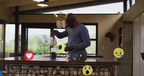 Senior Man Practicing Pour-Over Coffee Technique in Rustic Kitchen