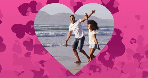 Couple Enjoying Beach Day Surrounded by Hearts