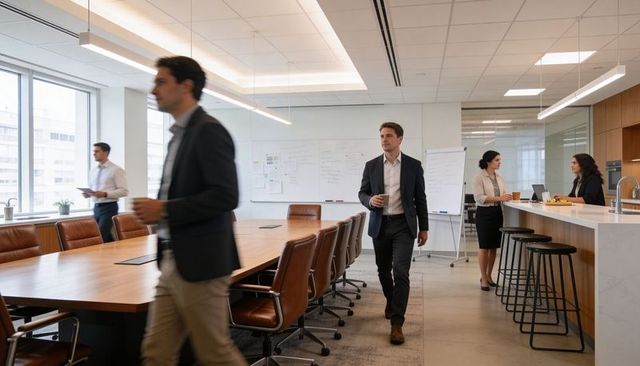Executive walking through modern conference room holding coffee and documents