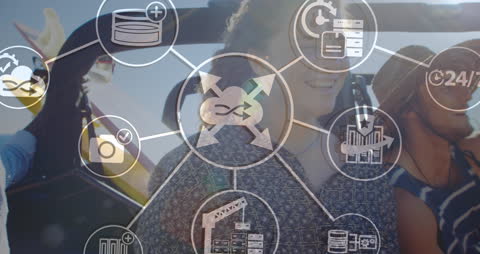 Friends Enjoying Joyful Car Ride Paired with Digital Network Symbols