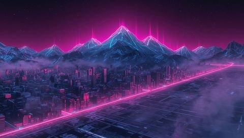 Neon Glowing Mountain Cityscape at Night with Cyberpunk Magenta Beams and Futuristic Sky