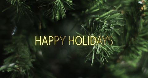 Golden Happy Holidays Text on Close-up Christmas Tree Background