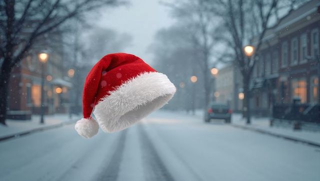 Floating Santa hat over snow-covered neighborhood street at twilight with warm window glow