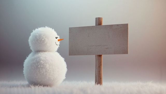 Fluffy Snowman Facing Empty Wooden Sign in Winter Scene