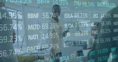 Colleagues Discussing in Office with Stock Market Overlay