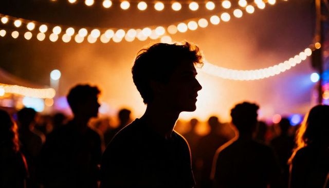 Young man silhouette at night music festival with string lights, crowd and warm bokeh
