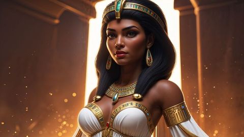 Majestic cleopatra in white gown standing in ancient egyptian hall
