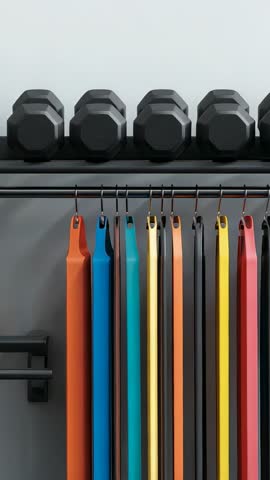 Vertical panning across gym rack revealing hex dumbbells and colorful resistance bands