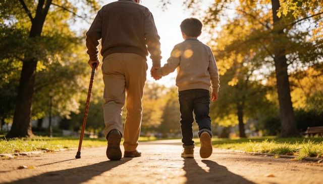 Grandparent and Grandchild Walking Hand in Hand with Cane on Sunlit Autumn Park Path