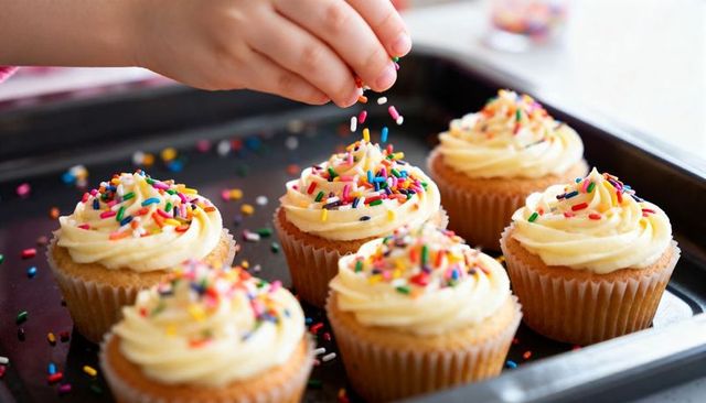 Child sprinkling colorful sprinkles on buttercream cupcakes on baking tray at home for party