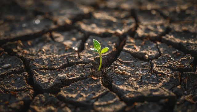 Green seedling sprouting through cracked clay soil, symbolizing resilience and renewal