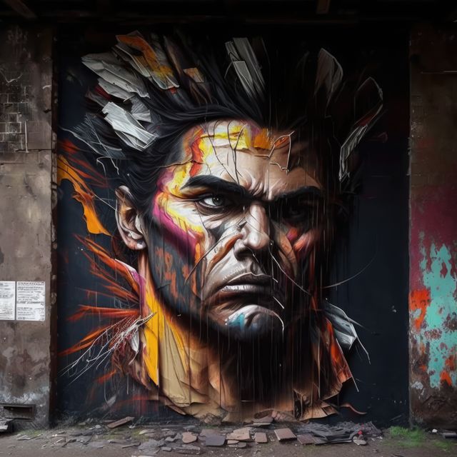 Wall covered in colorful graffiti with caucasian man portrait created using generative ai technology. Graffiti, urban art and colour concept digitally generated image.