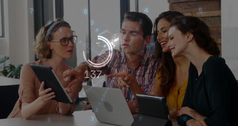 Digital Collaboration in Modern Office With Data Overlay Animation