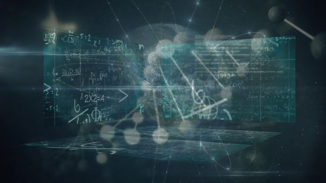 Visualization of DNA sequence combined with digital equations evoking sense of advanced data analysis. Use in presentations about genetic research, scientific breakthroughs, technological innovation, and digital engagement.