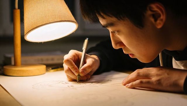 Young artist sketching detailed portrait under warm desk lamp, focused creative workspace