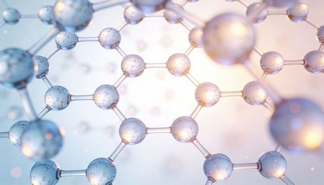 Translucent Hexagonal Molecular Lattice with Glossy Spheres and Soft Bokeh Lighting