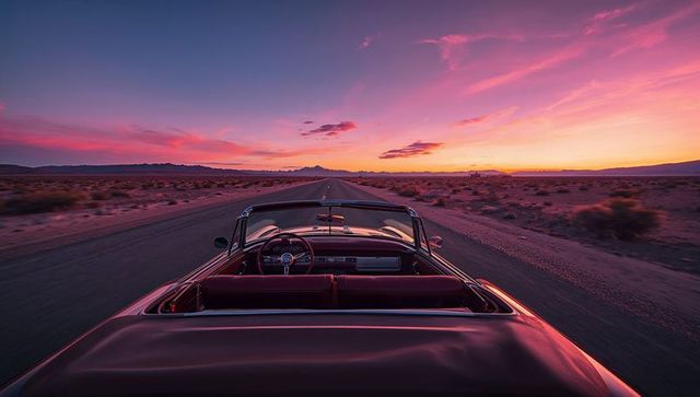 Classic red convertible driving down open desert highway at vibrant sunset