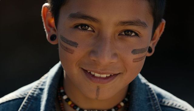 Smiling boy wearing denim jacket and beaded necklace with painted cheek stripes
