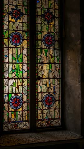 Vertical video tilting inside historic chapel stained-glass window with red rosettes