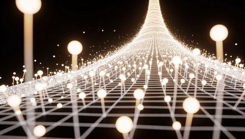 Rising luminous network grid with glowing nodes, connecting lattice and deep perspective