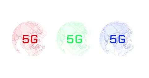 Colorful 5G Globes on White Background Highlighting Global Communication