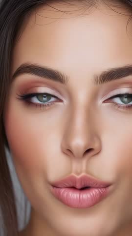 Close-up woman performing lip-sync in soft studio light, conveying playful emotion