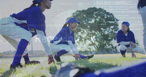 Diverse Female Baseball Players Merged with Digital Data Interface