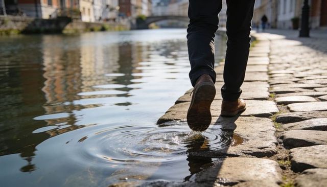 Walking on cobblestone quay creating water ripples by urban canal with bridge reflection
