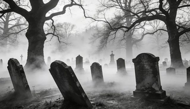 Fog-shrouded rural cemetery with leaning gravestones and gnarled trees