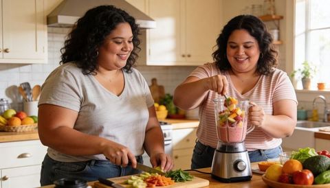Smiling pair preparing fruit smoothie and chopping vegetables at bright home kitchen island