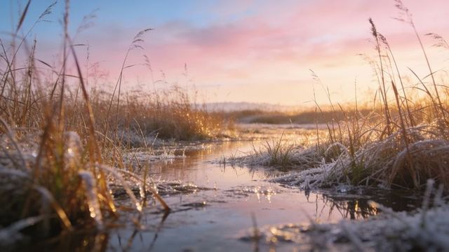 Flowing marsh channel at dawn with frost-covered grasses and pastel sunrise reflections