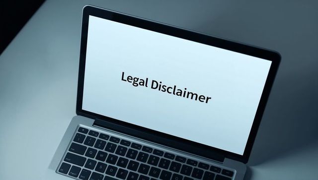 Laptop showing legal disclaimer on clean desk for corporate compliance and privacy notices