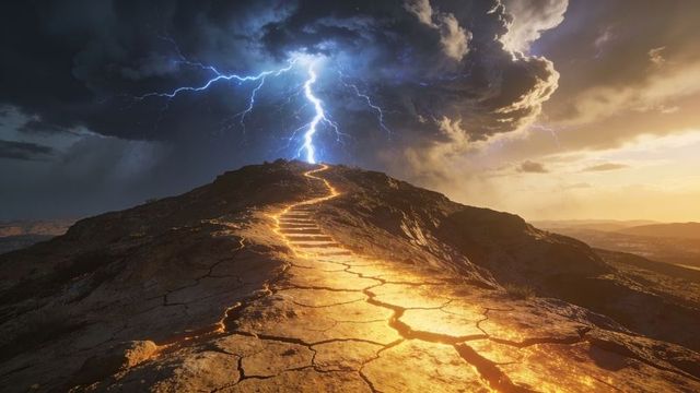 Glowing fissure staircase climbing volcanic ridge with lightning striking summit at sunset