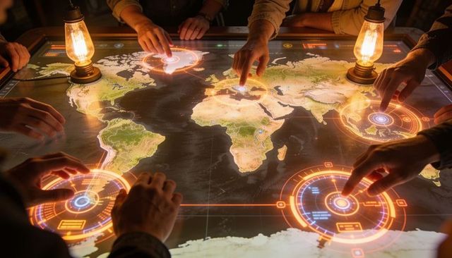 Team collaborating on interactive world map touchscreen with orange hud and filament lamps