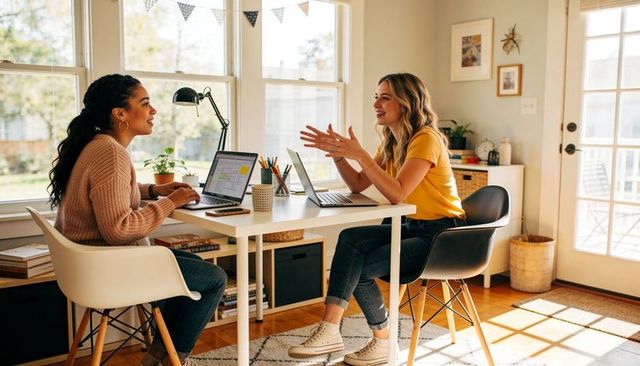 Collaborating women working remotely in bright modern home office with laptops