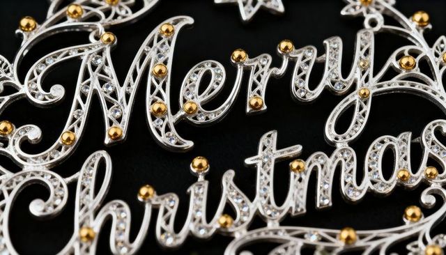 Gleaming Silver Filigree Merry Christmas Ornament Studded with Rhinestones