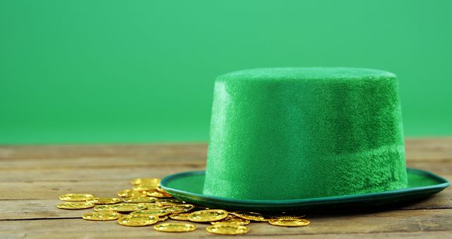 A vibrant green hat rests on a wooden surface beside scattered gold coins, symbolizing wealth and luck. Its color and style suggest festive themes, related to Irish culture or St. Patrick's Day celebrations.