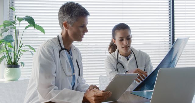 Two healthcare professionals discussing X-ray images in a modern medical office setting. Image useful for portraying professional medical consultations, teamwork in healthcare, diagnostic processes, and technological integration in medical practices. Ideal for use in healthcare advertorials, medical blogs, medical school materials, and health-related publications.