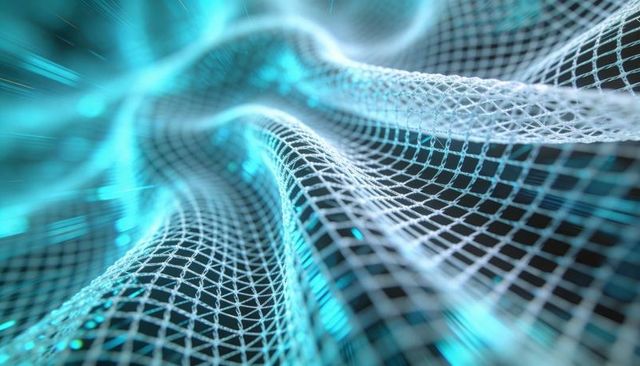 Cyan wireframe mesh flowing in 3d space with neon grid, glowing nodes and motion blur