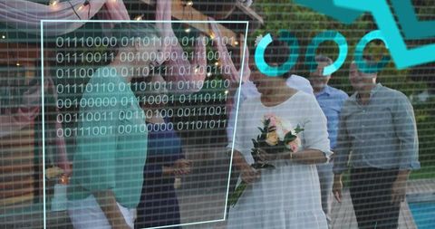 Bride walking holding bouquet by poolside under canopy with holographic ar overlay