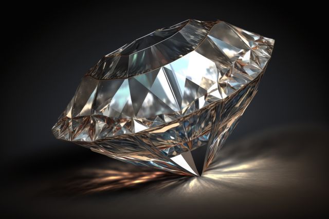 This close-up captures a brilliantly faceted diamond, emphasizing its sparkling clarity and luxurious brilliance against a dark background. The reflective light adds depth and enhances the gem's natural beauty. Ideal for advertisements related to jewelry, luxury brands, opulence, or special occasions like engagements and anniversaries. Suitable for marketing materials, websites, and print advertisements.