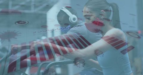 Woman in Red Mask Cycling at Gym with Data Visualization Overlay